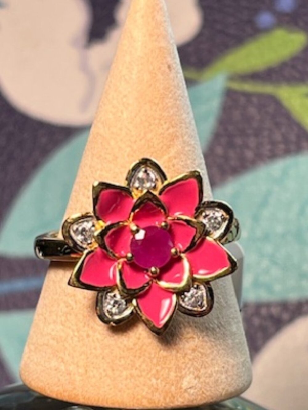 Rare and Unique Niassa Ruby (FF) and White Zircon 0.50 ctw, Enameled Floral Ring - Picture 3 of 6